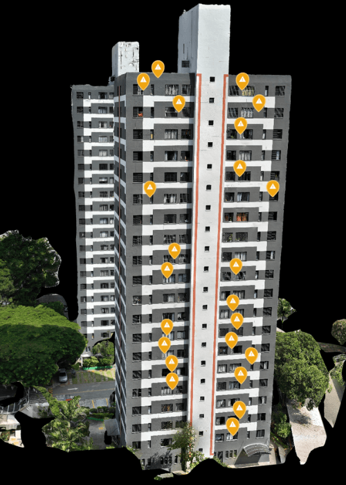 Mapeamento 3D de Fachada com Drone - Edificio com marcadores de inspecao